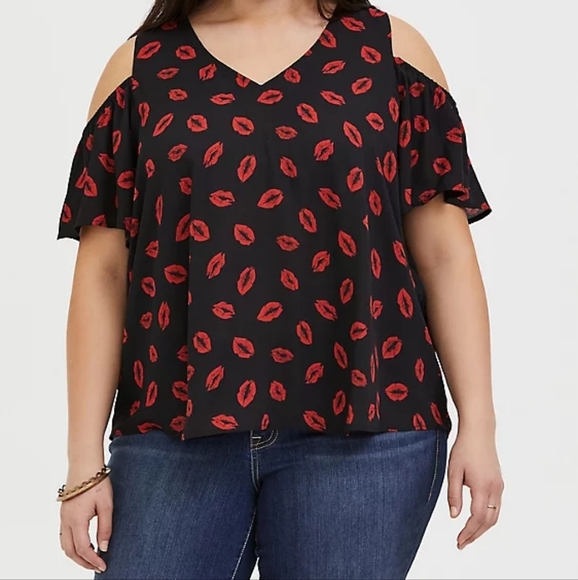 GEORGETTE FLUTTER SLEEVE COLD SHOULDER BLOUSE - Picture 2 of 13